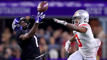 ARLINGTON, TX - SEPTEMBER 15: Jalen Reagor #1 of the TCU Horned Frogs pulls in a pass against Damon Arnette Jr #3 of the Ohio State Buckeyes in the first quarter during The AdvoCare Showdown at AT&T Stadium on September 15, 2018 in Arlington, Texas. (Photo by Tom Pennington/Getty Images)