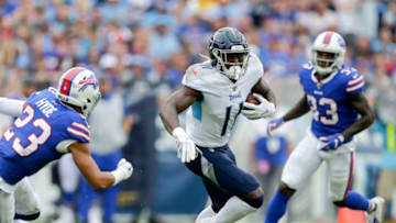 NASHVILLE, TENNESSEE - OCTOBER 06: A.J. Brown #11 of the Tennessee Titans runs with the ball against the Buffalo Bills during the first quarter of the game at Nissan Stadium on October 06, 2019 in Nashville, Tennessee. (Photo by Silas Walker/Getty Images)