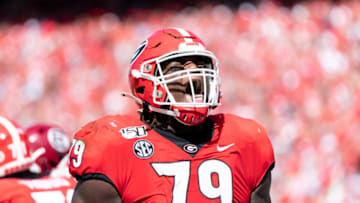 ATHENS, GA - OCTOBER 12: Isaiah Wilson #79 of the Georgia Bulldogs celebrates after the Swift touchdown during a game between University of South Carolina Gamecocks and University of Georgia Bulldogs at Sanford Stadium on October 12, 2019 in Athens, Georgia. (Photo by Steve Limentani/ISI Photos/Getty Images).
