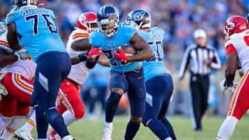 NASHVILLE, TN - NOVEMBER 10: Derek Henry #22 of the Tennessee Titans runs the ball in the second half of a game against the Kansas City Chiefs at Nissan Stadium on November 10, 2019 in Nashville, Tennessee. The Titans defeated the Chiefs 35-32. (Photo by Wesley Hitt/Getty Images)