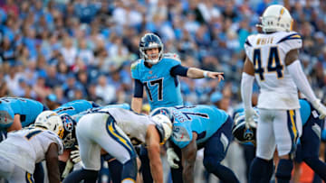 NASHVILLE, TN - OCTOBER 20: Ryan Tannehill #17 of the Tennessee Titans over the center during a game against the Los Angeles Chargers at Nissan Stadium on October 20, 2019 in Nashville, Tennessee. The Titans defeated the Chargers 23-20. (Photo by Wesley Hitt/Getty Images)