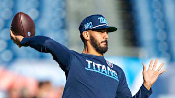 NASHVILLE, TN - NOVEMBER 24: Marcus Mariota #8 of the Tennessee Titans warms up before a game against the Jacksonville Jaguars at Nissan Stadium on November 24, 2019 in Nashville, Tennessee. (Photo by Wesley Hitt/Getty Images)
