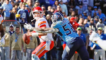 NASHVILLE, TENNESSEE - NOVEMBER 10: Harold Landry #58 of the Tennessee Titans rushes quarterback Patrick Mahomes #15 of the Kansas City Chiefs during the first half at Nissan Stadium on November 10, 2019 in Nashville, Tennessee. (Photo by Frederick Breedon/Getty Images)