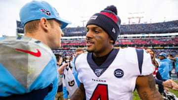 NASHVILLE, TN - DECEMBER 15: Ryan Tannehill #17 of the Tennessee Titans shakes hands with Deshaun Watson #4 of the Houston Texans after the game at Nissan Stadium on December 15, 2019 in Nashville, Tennessee. Houston defeats Tennessee 24-21. (Photo by Brett Carlsen/Getty Images)