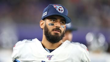 BALTIMORE, MARYLAND - JANUARY 11: Marcus Mariota #8 of the Tennessee Titans looks on during the AFC Divisional Playoff game against the Baltimore Ravens at M&T Bank Stadium on January 11, 2020 in Baltimore, Maryland. (Photo by Maddie Meyer/Getty Images)
