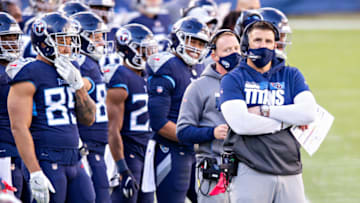 NASHVILLE, TENNESSEE - Head Coach Mike Vrabel of the Tennessee Titans on the sidelines during a game against the Detroit Lions at Nissan Stadium on December 20, 2020 in Nashville, Tennessee. The Titans defeated the Lions 46-25. (Photo by Wesley Hitt/Getty Images)