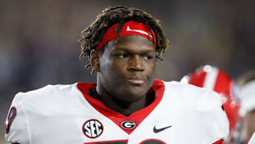 SOUTH BEND, IN - SEPTEMBER 09: Isaiah Wilson #79 of the Georgia Bulldogs looks on during a game against the Notre Dame Fighting Irish at Notre Dame Stadium on September 9, 2017 in South Bend, Indiana. Georgia won 20-19. (Photo by Joe Robbins/Getty Images)