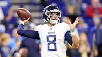 INDIANAPOLIS, IN - NOVEMBER 18: Marcus Mariota #8 of the Tennessee Titans prepares for the game against the Indianapolis Colts at Lucas Oil Stadium on November 18, 2018 in Indianapolis, Indiana. (Photo by Andy Lyons/Getty Images)