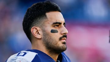 NASHVILLE, TN - DECEMBER 2: Marcus Mariota #8 of the Tennessee Titans places his hand over heart during the playing of the national anthem before the game against the New York Jets at Nissan Stadium on December 2, 2018 in Nashville, Tennessee. (Photo by Frederick Breedon/Getty Images)