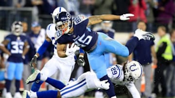 NASHVILLE, TN - DECEMBER 30: MyCole Pruitt #85 of the Tennessee Titans runs with the ball against the Indianapolis Colts at Nissan Stadium on December 30, 2018 in Nashville, Tennessee. (Photo by Andy Lyons/Getty Images)