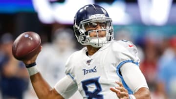 ATLANTA, GA - SEPTEMBER 29: Marcus Mariota #8 of the Tennessee Titans passes in the second half of an NFL game against the Atlanta Falcons at Mercedes-Benz Stadium on September 29, 2019 in Atlanta, Georgia. (Photo by Todd Kirkland/Getty Images)