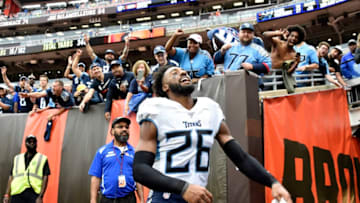 CLEVELAND, OHIO - SEPTEMBER 08: Cornerback Logan Ryan #26 of the Tennessee Titans celebrates after the Titans defeated the Cleveland Browns at FirstEnergy Stadium on September 08, 2019 in Cleveland, Ohio. The Titans defeated the Browns 43-13. (Photo by Jason Miller/Getty Images)
