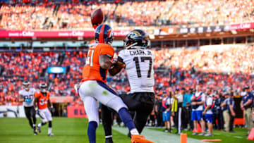 DENVER, CO - SEPTEMBER 29: DeVante Bausby #41 of the Denver Broncos defends a red zone pass intended for D.J. Chark #17 of the Jacksonville Jaguars in the fourth quarter of a game at Empower Field at Mile High on September 29, 2019 in Denver, Colorado. (Photo by Dustin Bradford/Getty Images)