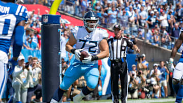 NASHVILLE, TN - SEPTEMBER 15: David Quessenberry #72 of the Tennessee Titans catches a pass in the end zone for touchdown during a game against the Indianapolis Colts at Nissan Stadium on September 15, 2019 in Nashville,Tennessee. The Colts defeated the Titans 19-17. (Photo by Wesley Hitt/Getty Images)