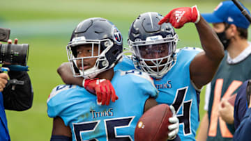 Rashaan Evans #54, Jayon Brown #55, Tennessee Titans (Photo by Wesley Hitt/Getty Images)