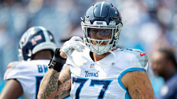 Taylor Lewan #77, Tennessee Titans (Photo by Wesley Hitt/Getty Images)