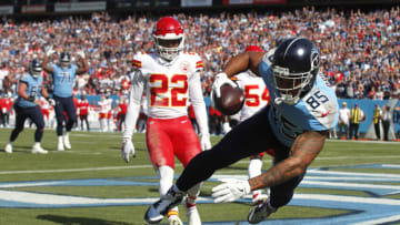 MyCole Pruitt #85 of the Tennessee Titans (Photo by Wesley Hitt/Getty Images)