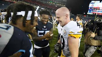 Pittsburgh Steelers linebacker Robert Spillane (49) chats with Tennessee Titans linebackers Daren Bates (53) and Jayon Brown (55) after the Steelers' 18-6 win in a preseason game at Nissan Stadium Sunday, Aug. 25, 2019 in Nashville, Tenn.8504482