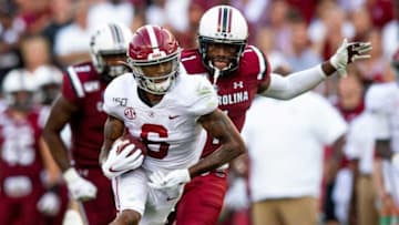 Alabama wide receiver DeVonta Smith (6) gets by South Carolina defensive back Jaycee Horn (1) on a long touchdown play at Williams-Brice Stadium in Columbia, S.C., on Saturday September 14, 2019.Smith306