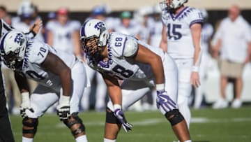 Nov 2, 2019; Stillwater, OK, USA; TCU Horned Frogs offensive tackle Anthony McKinney (68) gets ready for the next play during the second quarter of the game against the Oklahoma State Cowboys at Boone Pickens Stadium. Oklahoma State defeated TCU 34-27. Mandatory Credit: Brett Rojo-USA TODAY Sports