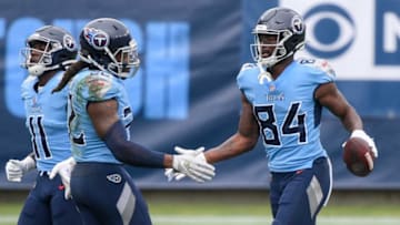 Tennessee Titans wide receiver Corey Davis (84) celebrates his touchdown against the Pittsburgh Steelers with running back Derrick Henry (22) during the second quarter at Nissan Stadium in Nashville, Tenn., Sunday, Oct. 25, 2020.Titans Steelers 102520 An 014