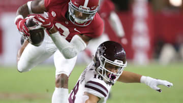 Oct 31, 2020; Tuscaloosa, Alabama, USA; Alabama defensive back Patrick Surtain II (2) makes an interception he returned for a touchdown at Bryant-Denny Stadium during the second half of Alabama's 41-0 win over Mississippi State. The pass was inteded for Mississippi State wide receiver Cameron Gardner (18). Mandatory Credit: Gary Cosby Jr/The Tuscaloosa News via USA TODAY Sports
