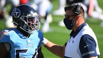 Nov 8, 2020; Nashville, Tennessee, USA; Tennessee Titans head coach Mike Vrabel talks with Tennessee Titans inside linebacker Rashaan Evans (54) during the first half against the Chicago Bears at Nissan Stadium. Mandatory Credit: Christopher Hanewinckel-USA TODAY Sports