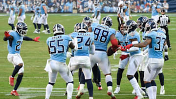 Tennessee Titans defense celebrates with a double dutch jump rope routine after the fumble recovery by defensive tackle Jeffery Simmons (98) during the fourth quarter at Nissan Stadium Sunday, Nov. 8, 2020 in Nashville, Tenn.Gw50652