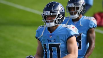 Dec 6, 2020; Nashville, Tennessee, USA; Tennessee Titans wide receiver Adam Humphries (10) before the game against the Cleveland Browns at Nissan Stadium. Mandatory Credit: Christopher Hanewinckel-USA TODAY Sports