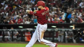 Aug 26, 2015; Phoenix, AZ, USA; Arizona Diamondbacks right fielder Ender Inciarte (5) singles in the fifth inning against the St. Louis Cardinals at Chase Field. Mandatory Credit: Matt Kartozian-USA TODAY Sports