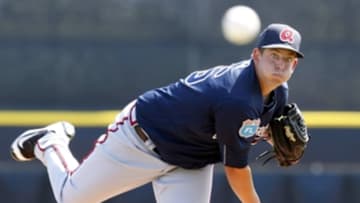 Mar 7, 2016; Dunedin, FL, USA; Atlanta Braves starting pitcher Aaron Blair (76) throws a warm up pitch during the first inning against the Toronto Blue Jays at Florida Auto Exchange Park. Mandatory Credit: Kim Klement-USA TODAY Sports