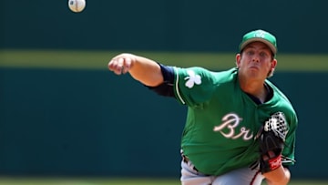 Mar 17, 2016; Melbourne, FL, USA; Atlanta Braves pitcher Aaron Blair (76) throws a pitch in the third inning against the Washington Nationals at Space Coast Stadium. Mandatory Credit: Logan Bowles-USA TODAY Sports