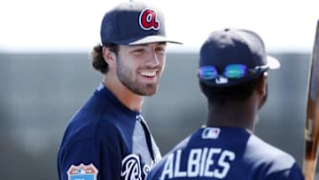 Mar 7, 2016; Dunedin, FL, USA; Atlanta Braves shortstop Dansby Swanson (80) talks with shortstop Ozzie Albies (87) prior to the game against the Toronto Blue Jays at Florida Auto Exchange Park. Mandatory Credit: Kim Klement-USA TODAY Sports