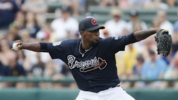 Mar 30, 2016; Lake Buena Vista, FL, USA; Atlanta Braves starting pitcher Julio Teheran (49) pitches during the first inning of a spring training baseball game against the New York Yankees at Champion Stadium. Mandatory Credit: Reinhold Matay-USA TODAY Sports
