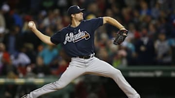Apr 27, 2016; Boston, MA, USA; Atlanta Braves pitcher John Gant (52) delivers a pitch during the fourth inning against the Boston Red Sox at Fenway Park. Mandatory Credit: Greg M. Cooper-USA TODAY Sports