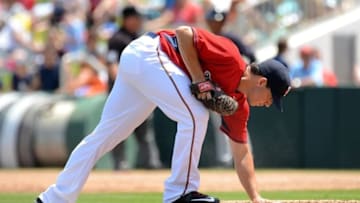 Mar 31, 2015; Fort Myers, FL, USA; Minnesota Twins starting pitcher Tommy Milone (33) brushes off the rubber on the pitcher