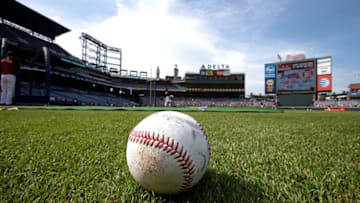 Jul 21, 2015; Atlanta, GA, USA; A baseball is shown on the infield during batting practice before the game against the Atlanta Braves and the Los Angeles Dodgers at Turner Field. Mandatory Credit: Jason Getz-USA TODAY Sports