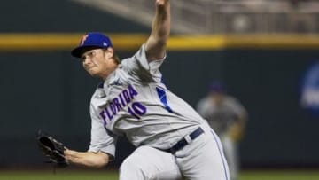 Jun 15, 2015; Omaha, NE, USA; Florida Gators pitcher A.J. Puk (10) throws against the Virginia Cavaliers during the first inning at TD Ameritrade Park. Mandatory Credit: Bruce Thorson-USA TODAY Sports