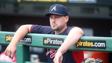 Jun 26, 2015; Pittsburgh, PA, USA; Atlanta Braves catcher Ryan Lavarnway (30) looks on from the dugout before playing the Pittsburgh Pirates at PNC Park. Mandatory Credit: Charles LeClaire-USA TODAY Sports