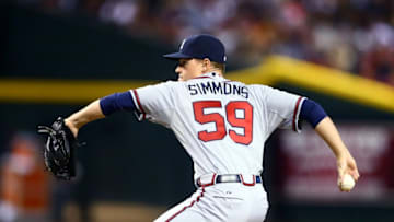 Jun 7, 2014; Phoenix, AZ, USA; Atlanta Braves pitcher Shae Simmons against the Arizona Diamondbacks at Chase Field. Mandatory Credit: Mark J. Rebilas-USA TODAY Sports