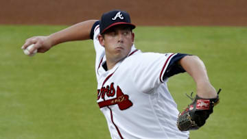 Jun 24, 2016; Atlanta, GA, USA; Atlanta Braves starting pitcher Aaron Blair (36) delivers a pitch to a New York Mets batter in the first inning of their game at Turner Field. Mandatory Credit: Jason Getz-USA TODAY Sports