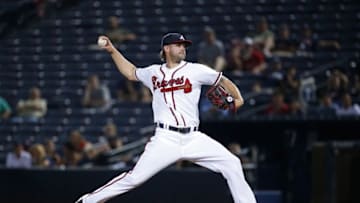 May 25, 2016; Atlanta, GA, USA; Atlanta Braves relief pitcher Casey Kelly (55) delivers a pitch to a Milwaukee Brewers batter in the 12th inning at Turner Field. The Brewers won 3-2 in 13 innings. Mandatory Credit: Jason Getz-USA TODAY Sports