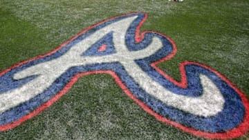 Mar 15, 2015; Lake Buena Vista, FL, USA; The Atlanta Braves logo painted on the field during a spring training baseball game at Champion Stadium. The Toronto Blue Jays beat the Atlanta Braves 10-5. Mandatory Credit: Reinhold Matay-USA TODAY Sports