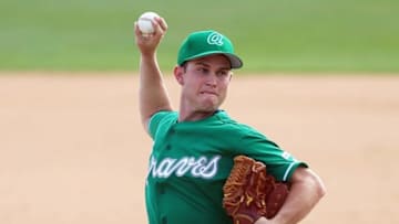 Mar 17, 2016; Melbourne, FL, USA; Atlanta Braves pitcher Ryan Weber throws a pitch in the ninth inning against the Washington Nationals at Space Coast Stadium. The Washington Nationals won 9-7. Mandatory Credit: Logan Bowles-USA TODAY Sports