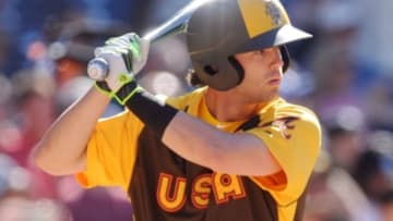 Jul 10, 2016; San Diego, CA, USA; USA infielder Dansby Swanson at bat in the second inning during the All Star Game futures baseball game at PetCo Park. Mandatory Credit: Gary A. Vasquez-USA TODAY Sports