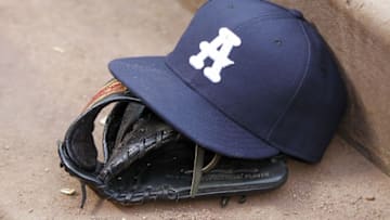 Jun 25, 2016; Atlanta, GA, USA; An Atlanta Braves throwback hat is seen in the dugout during a game against the New York Mets in the fifth inning at Turner Field. Mandatory Credit: Brett Davis-USA TODAY Sports