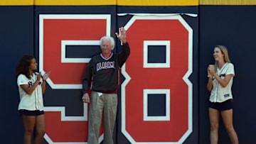 May 28, 2016; Atlanta, GA, USA; Baseball Hall of Fame pitcher and Atlanta Braves broadcaster Don Sutton prepares to remove a number from the outfield wall counting down the games left at Turner Field during the game against the Miami Marlins at Turner Field. The Braves defeated the Marlins 7-2. Mandatory Credit: Dale Zanine-USA TODAY Sports