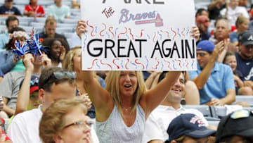Jul 16, 2016; Atlanta, GA, USA; An Atlanta Braves fan holds up a sign during the first inning against the Colorado Rockies at Turner Field. Mandatory Credit: Brett Davis-USA TODAY Sports