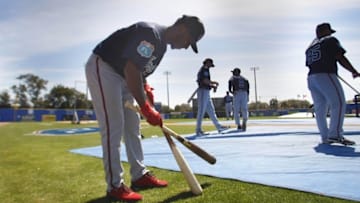 Mar 7, 2016; Dunedin, FL, USA; Atlanta Braves shortstop Ozzie Albies (87) works out prior to the game against the Toronto Blue Jays at Florida Auto Exchange Park. Mandatory Credit: Kim Klement-USA TODAY Sports