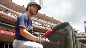 Jul 17, 2016; Cincinnati, OH, USA; Milwaukee Brewers left fielder Ryan Braun waits to go on the field at the beginning of a game with the Cincinnati Reds at Great American Ball Park. Mandatory Credit: David Kohl-USA TODAY Sports